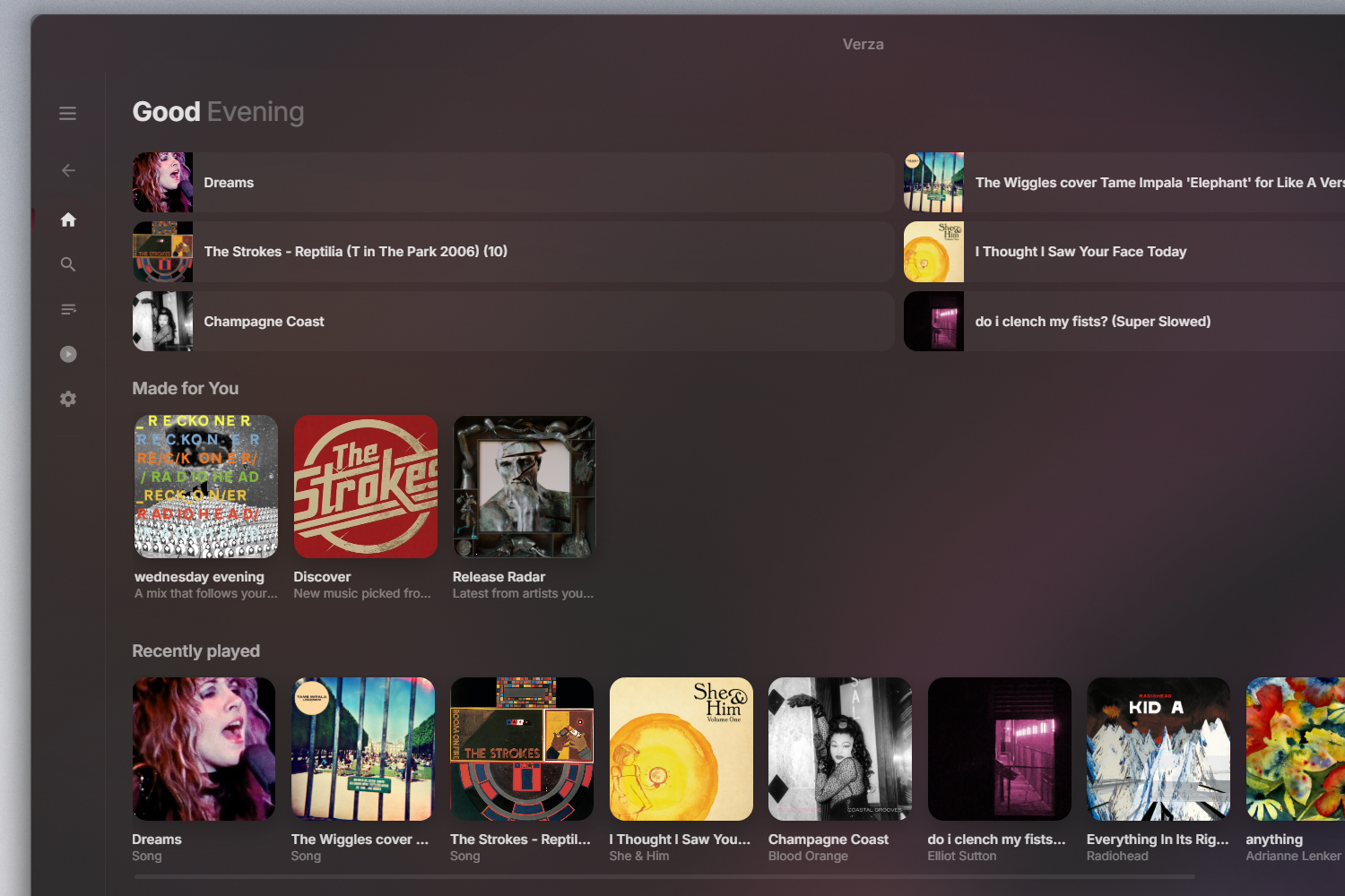 Verza Next home screen showing quick picks and recently played music