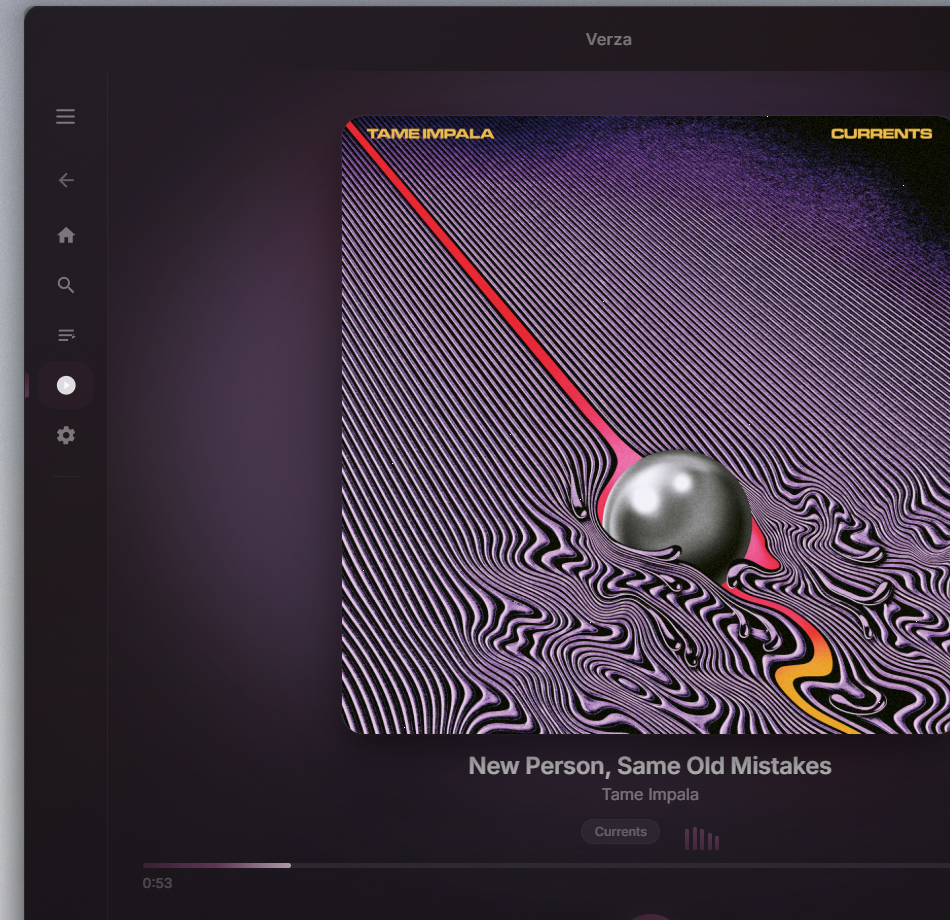 Verza Next now playing screen with album art and a flowing cover-art background