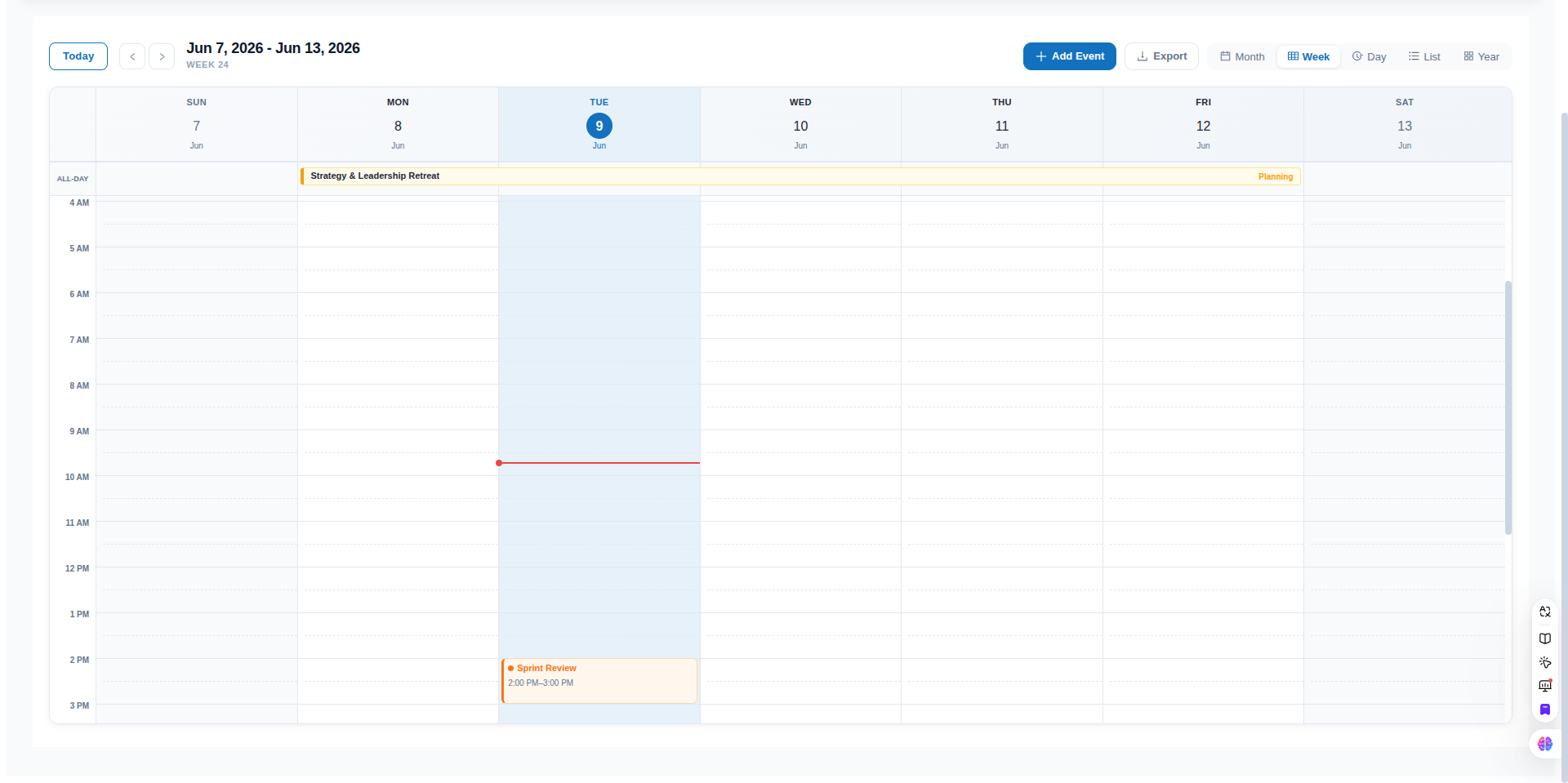 React event calendar component — month view with spanning events and color-coded categories