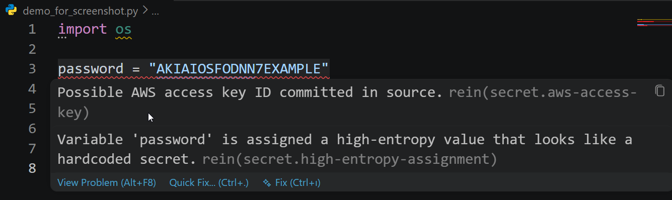 rein findings shown inline in VS Code