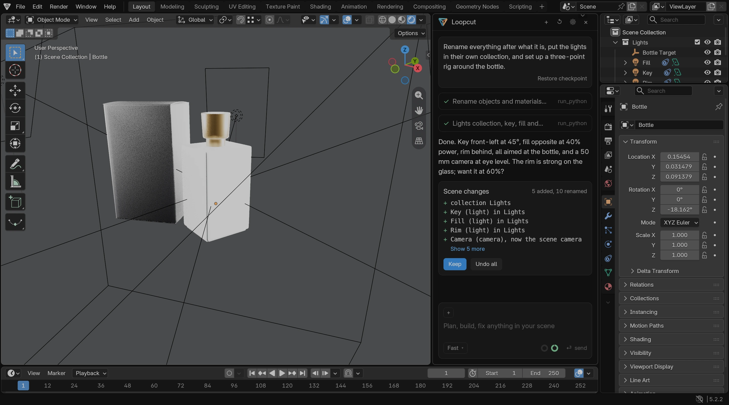 Loopcut inside Blender: a three-point light rig set up from one message, with the scene changes listed and one click to undo them