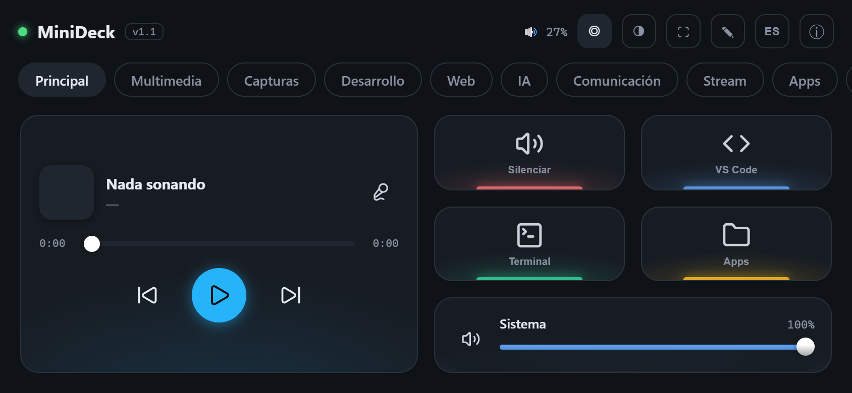 Home page with Now Playing, buttons and mixer