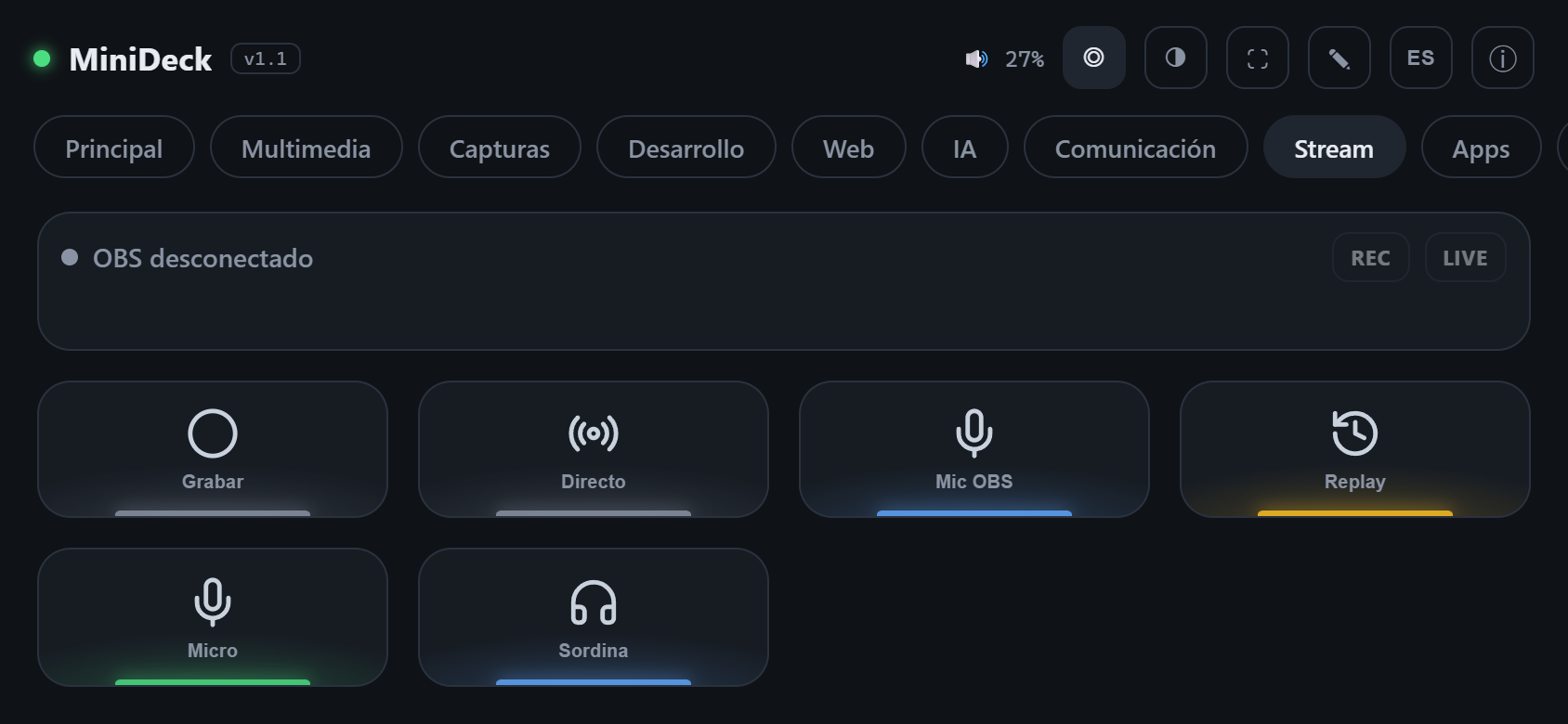 OBS page with stateful record and live buttons
