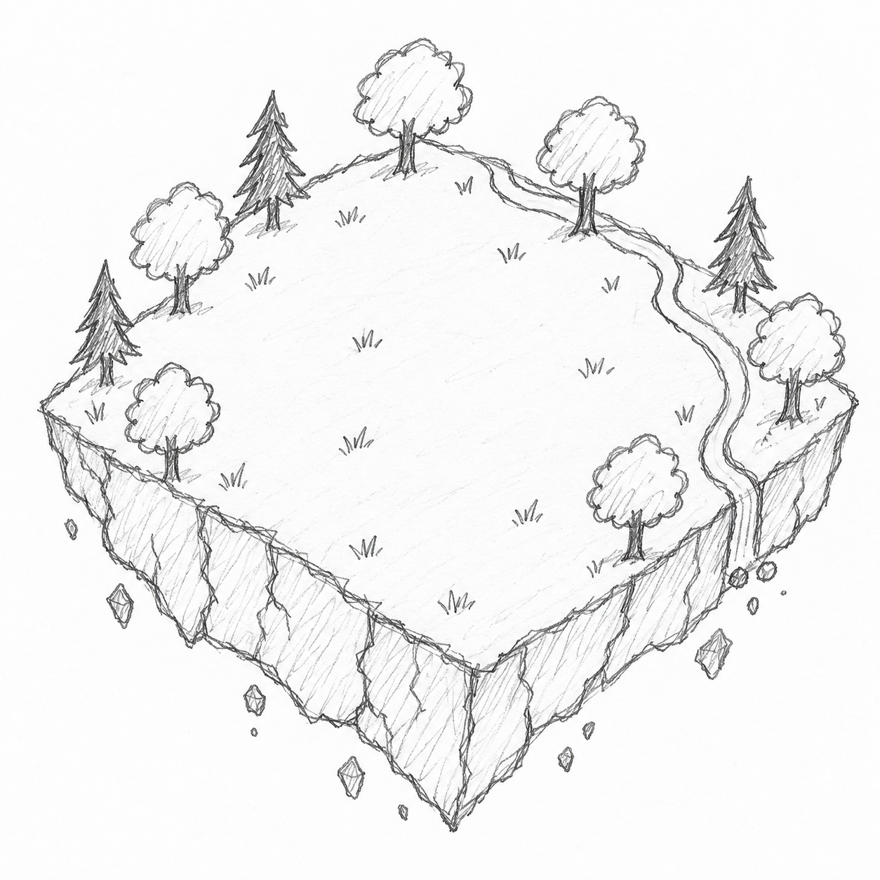 Original pencil sketch of a floating forest island
