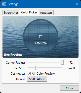 Screenshot of DeadEye's settings window with the Color Picker tab active