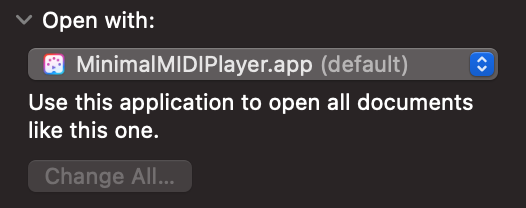 Screenshot of a MIDI file's Info window, cropped to only show the Open With section