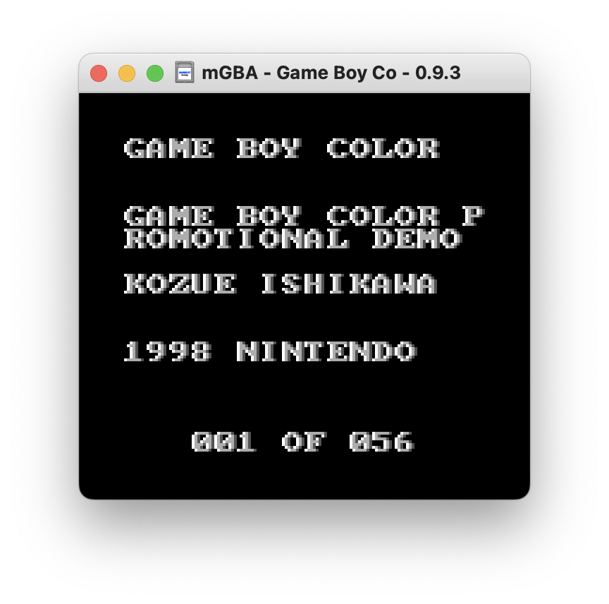 A screenshot of mGBA running a ROM playing music from the Game Boy Color Promotional Demo