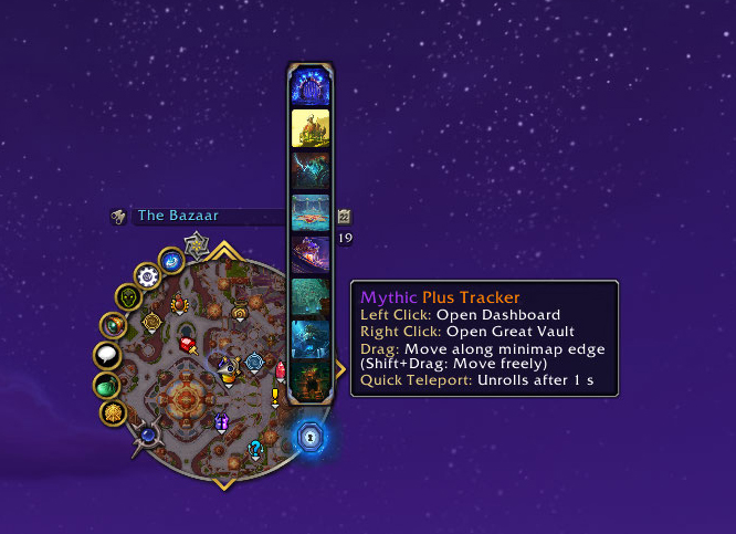 Minimap button with the quick teleport strip unrolled