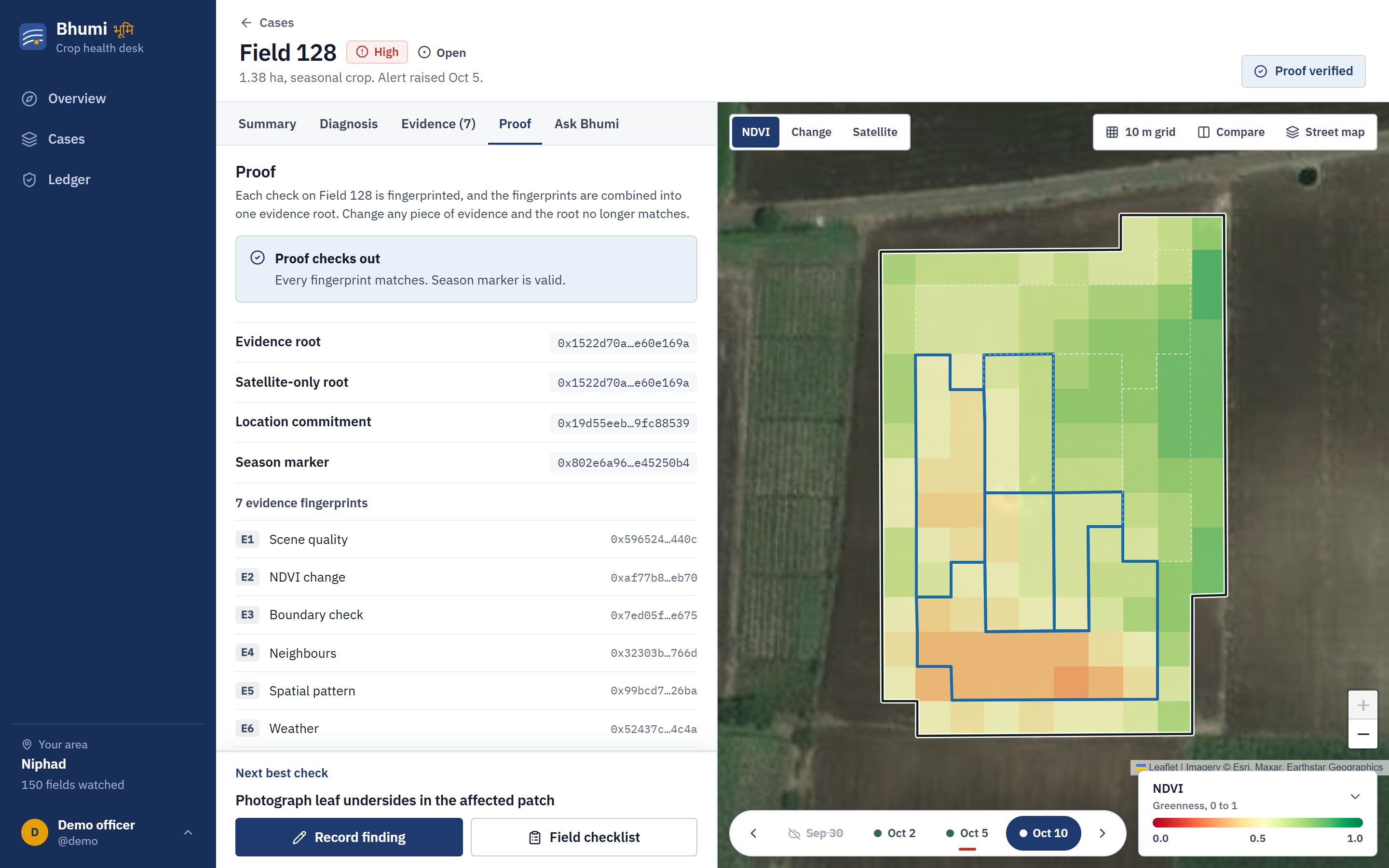 Proof tab: evidence root, satellite-only root, location commitment, season marker and seven fingerprints, verified
