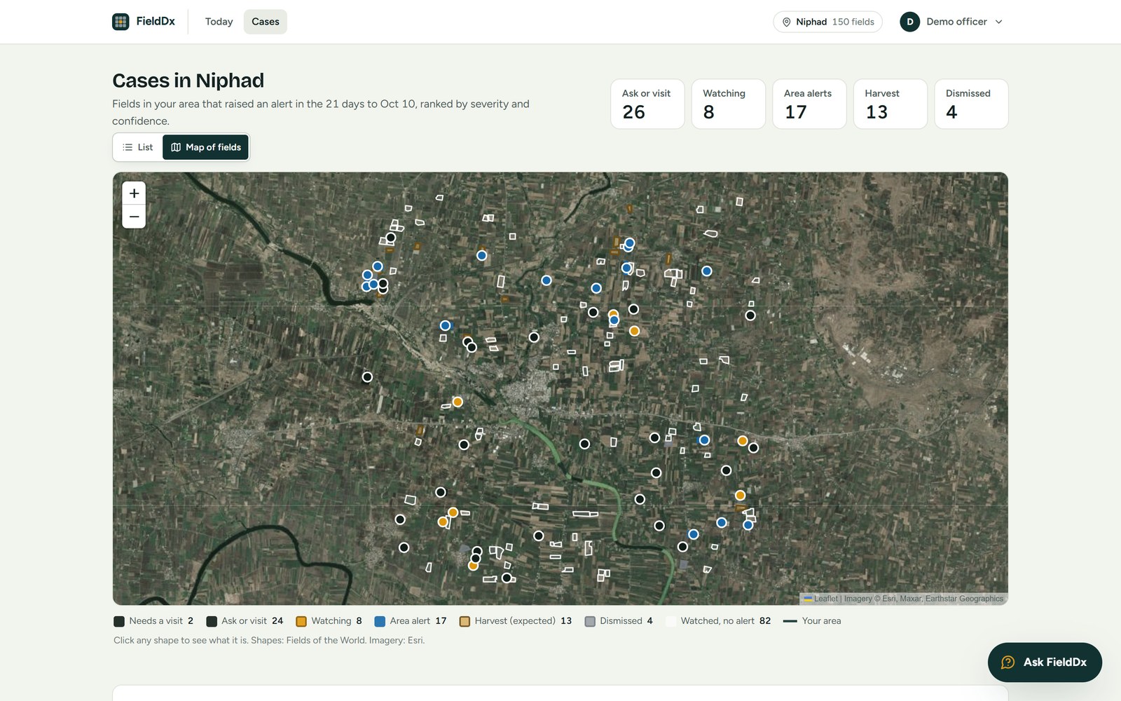 FieldDx map of monitored fields