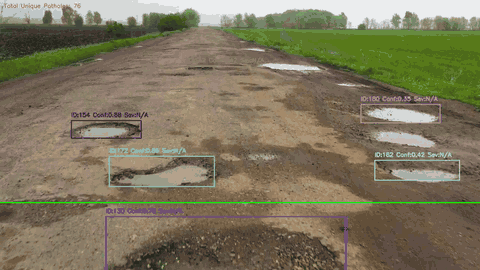 PotHoleDetection detecting and tracking potholes with persistent IDs and severity scores