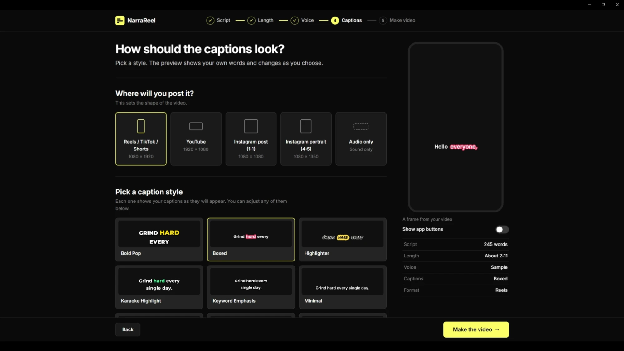 NarraReel caption styles with each word highlighted as it is spoken