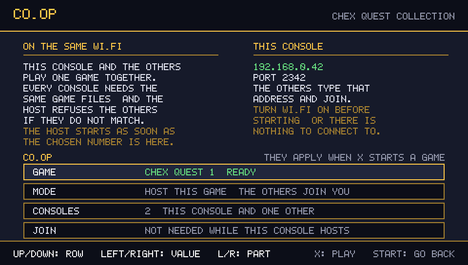Co-op screen set to host, showing this console's address