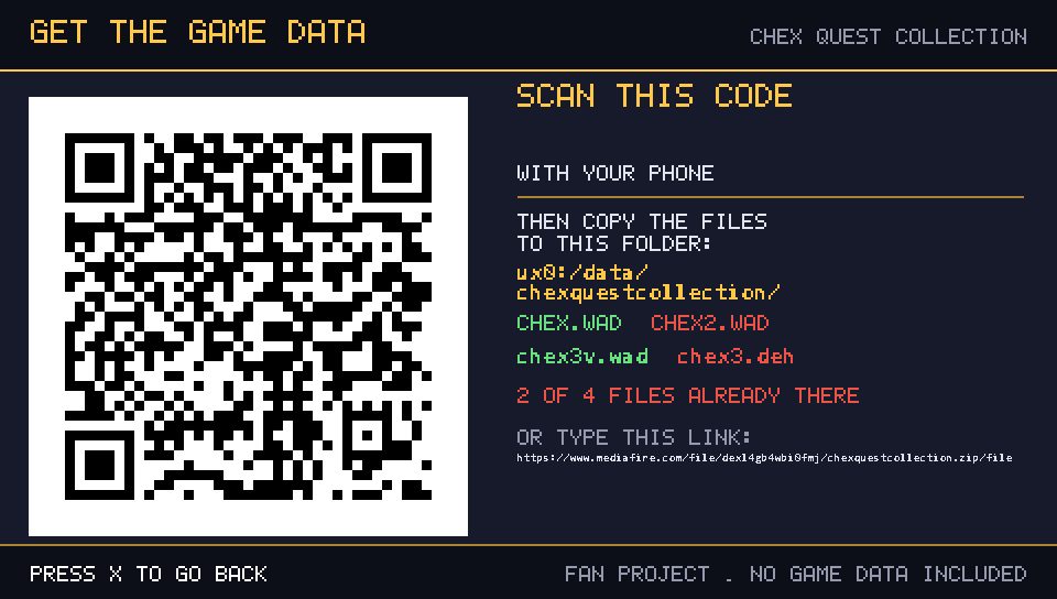 Data files screen with QR code