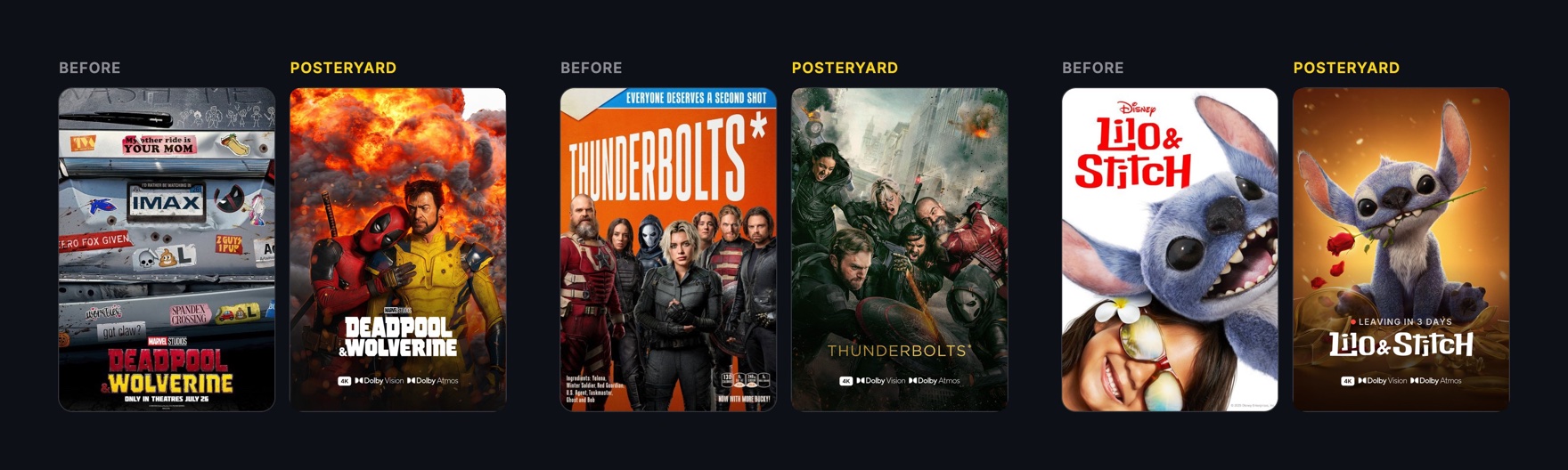 Deadpool & Wolverine, Thunderbolts* and Lilo & Stitch, each as the official poster and as rendered by Posteryard with quality badges and a Maintainerr label