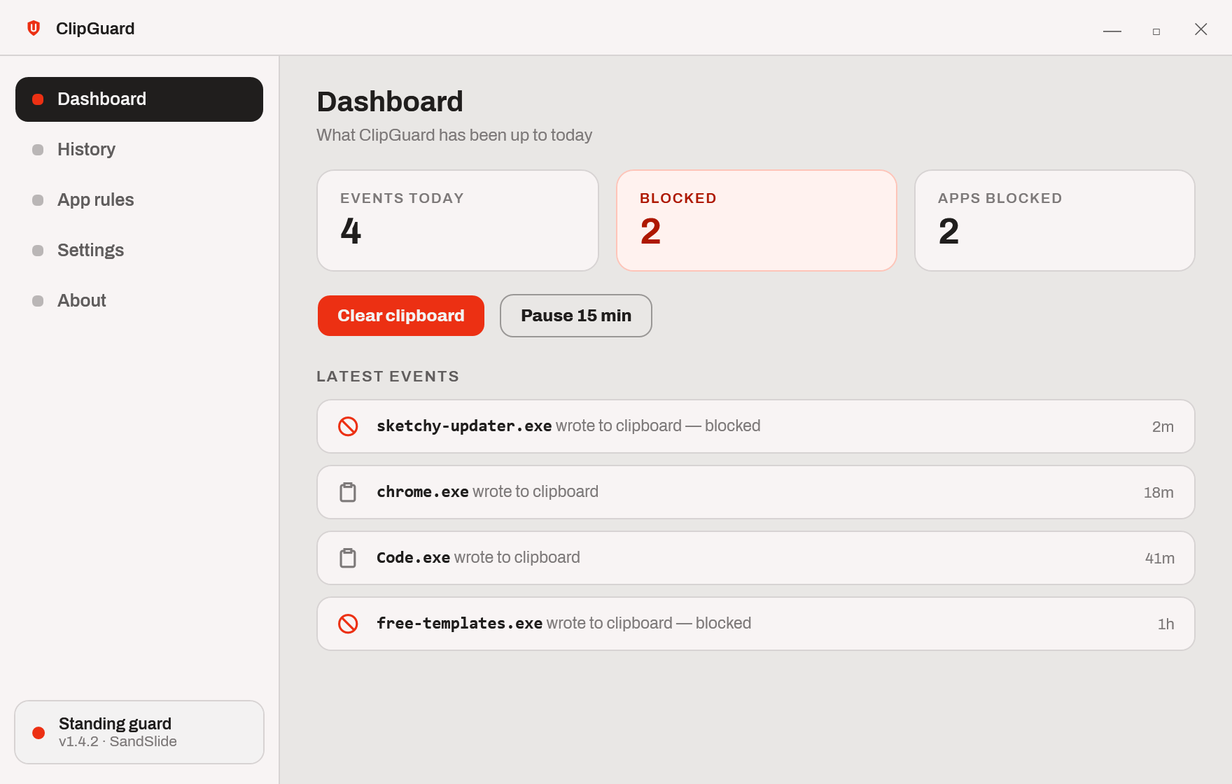 The ClipGuard dashboard, listing recent clipboard events with the app responsible for each.