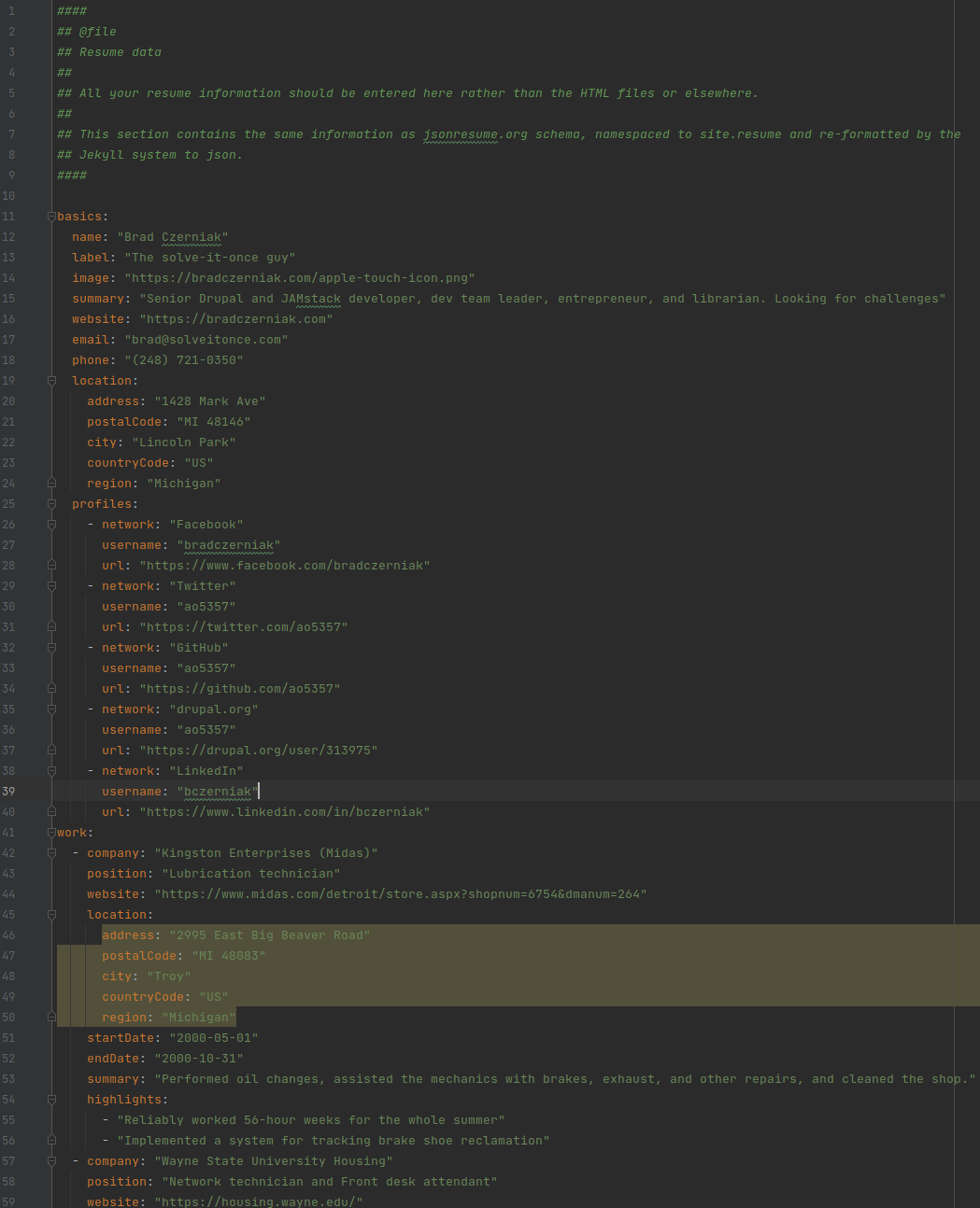 Resume data in YAML format for example