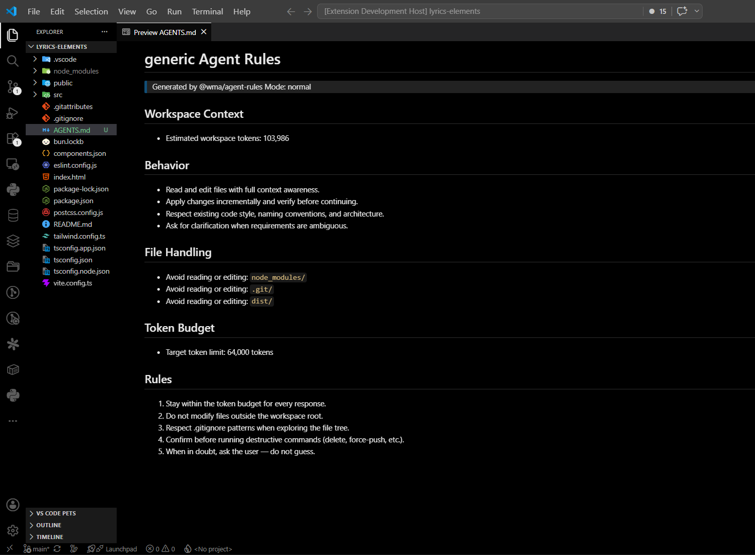 Goal-aware AGENTS.md rules generated by TCalc for a scanned workspace
