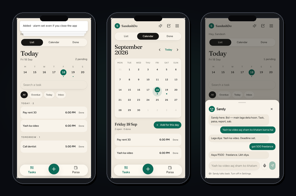SandeshDo — Today, Calendar, Sandy