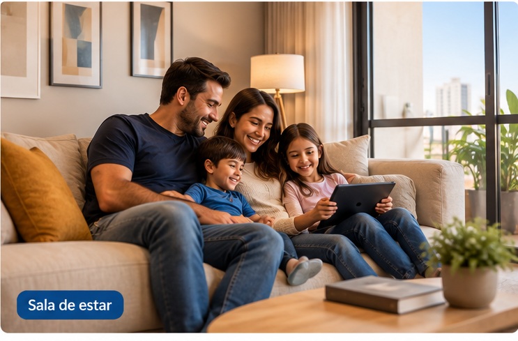 Família em sala de estar