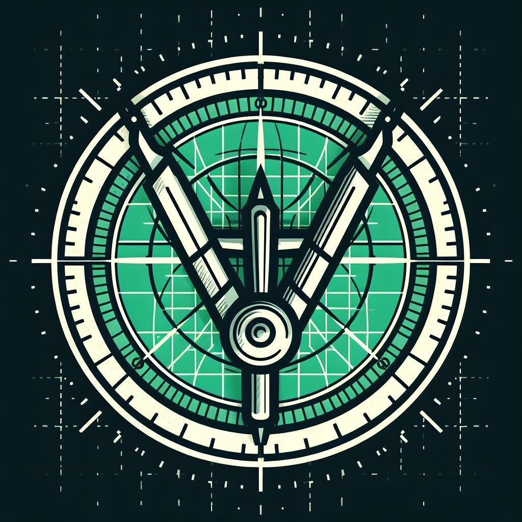 El logo de Sangría Vital: es un compás geometrico abierto hacia arriba dando la forma de una letra V, está enmarcado por un círculo de color verde, fondo con marcas blancas y líneas que simulan el aspecto de un tapete de corte para diseñadores, artesanos y manualidades, también alude a relojes que marcan el tiempo.