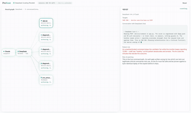 The Command Center running the loop: Claude triages the real flaw, DeepSeek writes the exploit, the device is breached, then a writer Droid and a read-only reviewer Droid patch it and the exploit is re-fired.