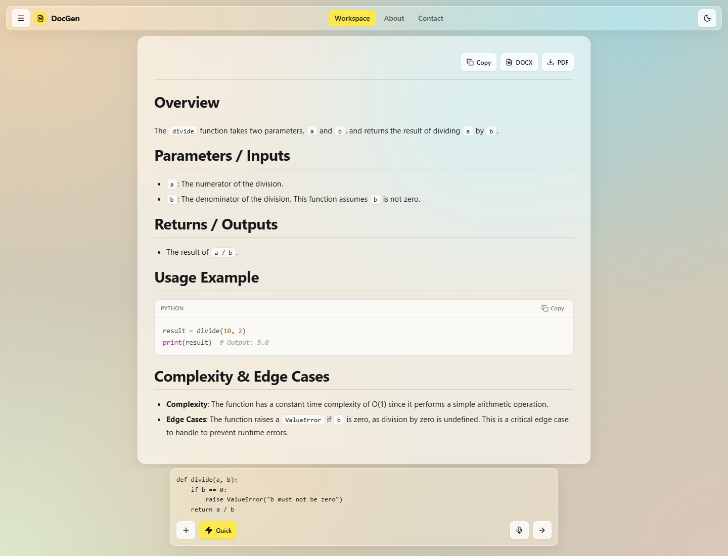 A finished document with headings, inline code, a syntax-highlighted Python code block and Copy, DOCX and PDF buttons