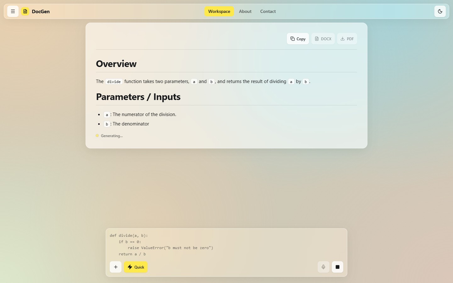 A document being generated live, with a Generating indicator, the prompt docked at the bottom and a stop button