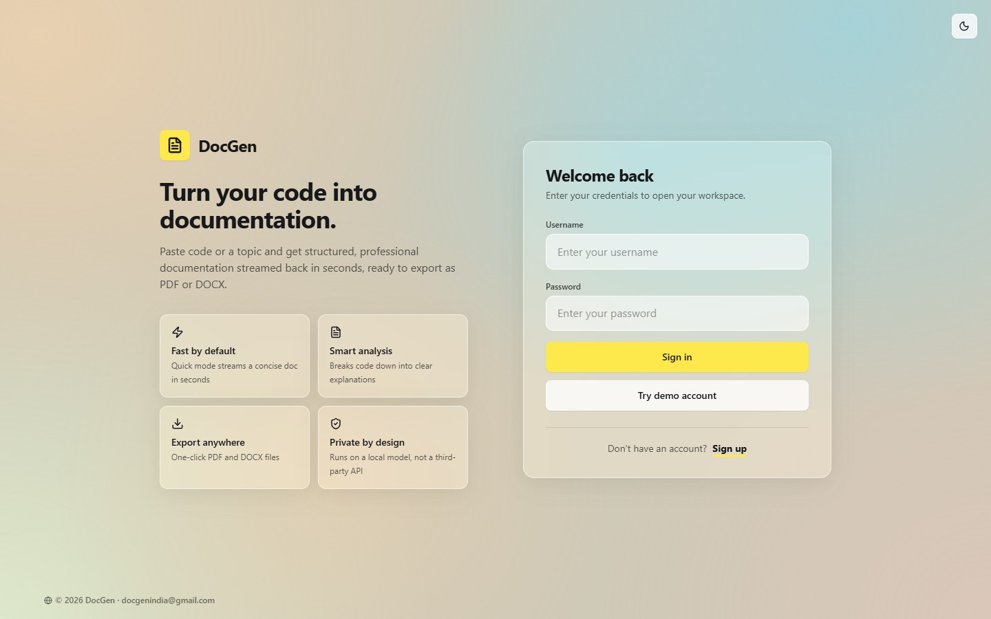 DocGen login page with a feature overview on the left and a glass sign-in card on the right