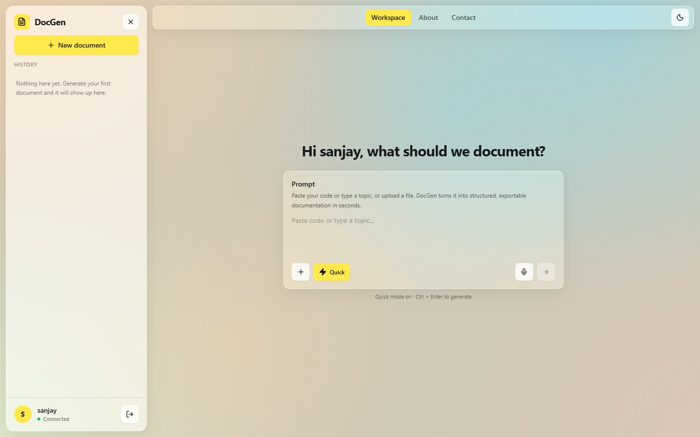 DocGen workspace: a frosted-glass prompt card on a soft aurora gradient, with upload, yellow Quick-mode, microphone and submit buttons
