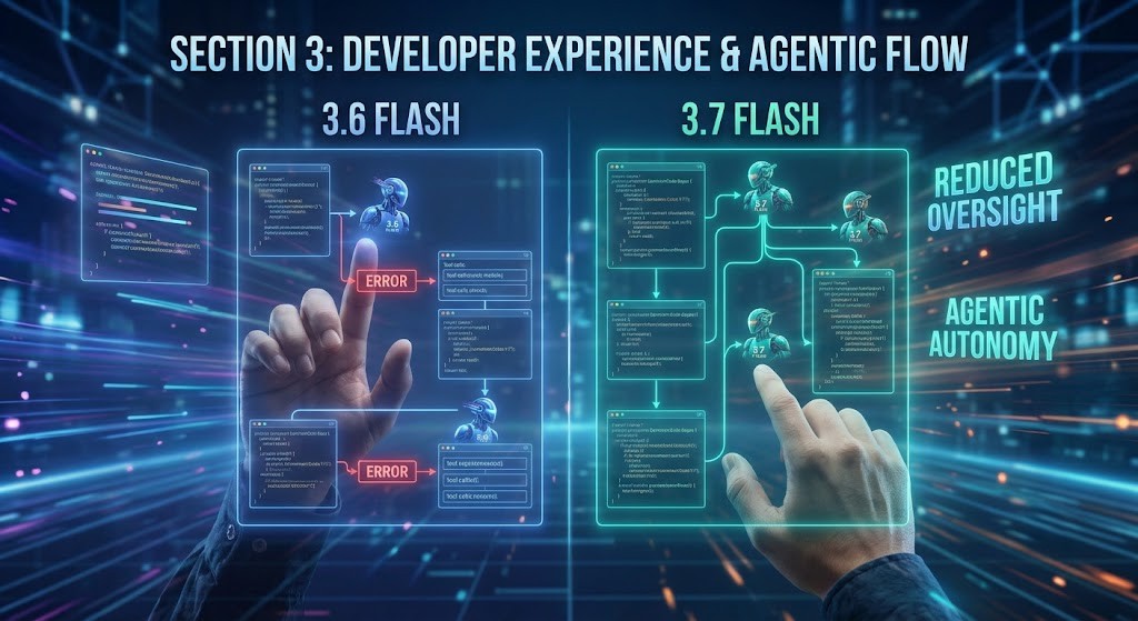 Over-the-shoulder view of a developer using a holographic interface showing autonomous agents running complex tool-calling scripts powered by Gemini Flash