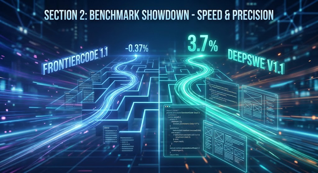 Digital illustration depicting AI processes racing through a maze, visualizing Gemini 3.7 Flash outperforming 3.6 in coding and logic benchmarks