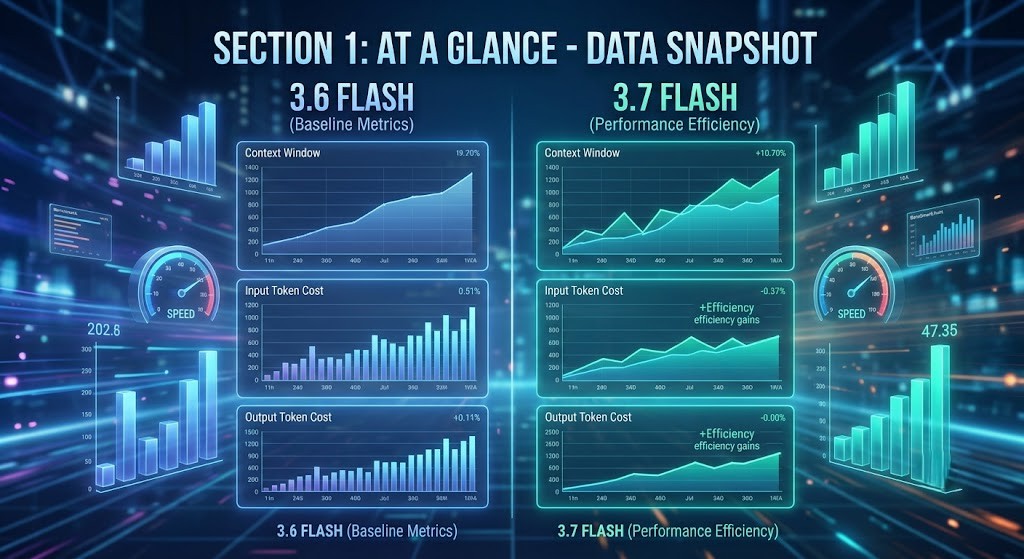 Holographic dashboard visualizing side-by-side metrics, context window, and pricing comparison of Gemini 3.6 vs 3.7 Flash