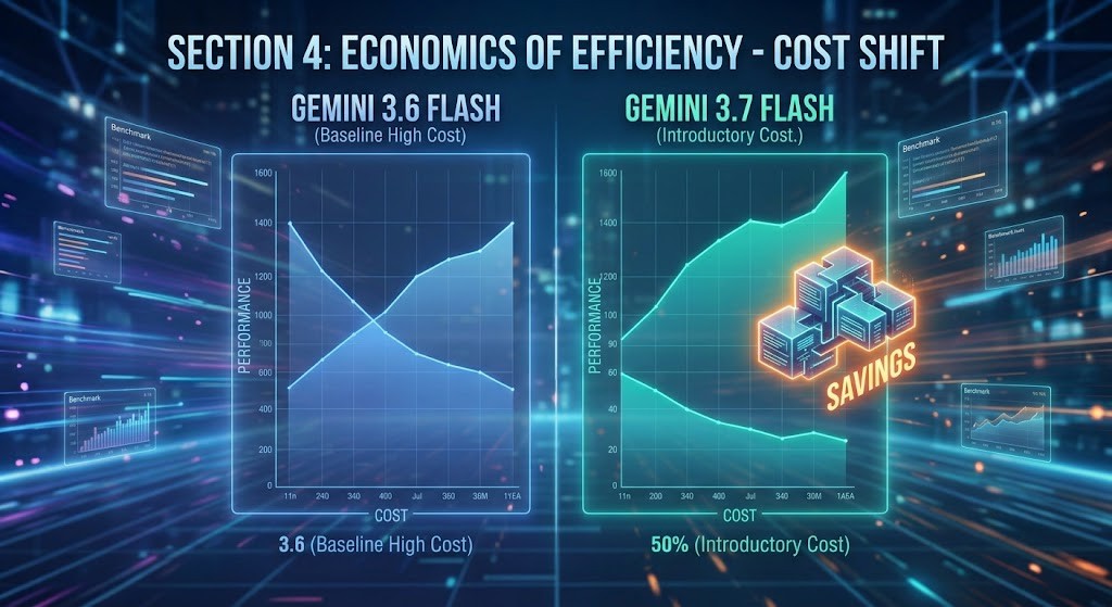 Top-down flat-lay photograph of a tablet showing financial cost-comparison charts between Gemini 3.6 and 3.7 Flash pricing structures