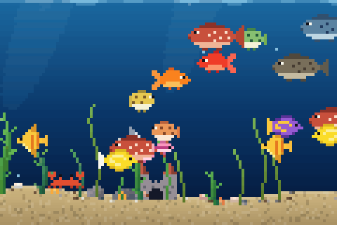 aquarium: pixel-art fish, bubbles and swaying seaweed