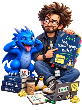 A developer holding a book titled 'the usual way, huh?' labelled systemd, beside Saphira the blue dragon, Tux the penguin and a laptop