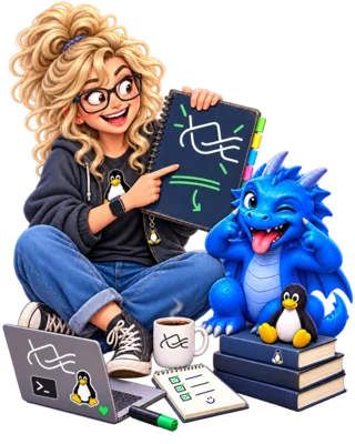A developer holding a slate showing the musl libc logo, sitting beside Saphira the blue dragon, Tux the penguin and a laptop
