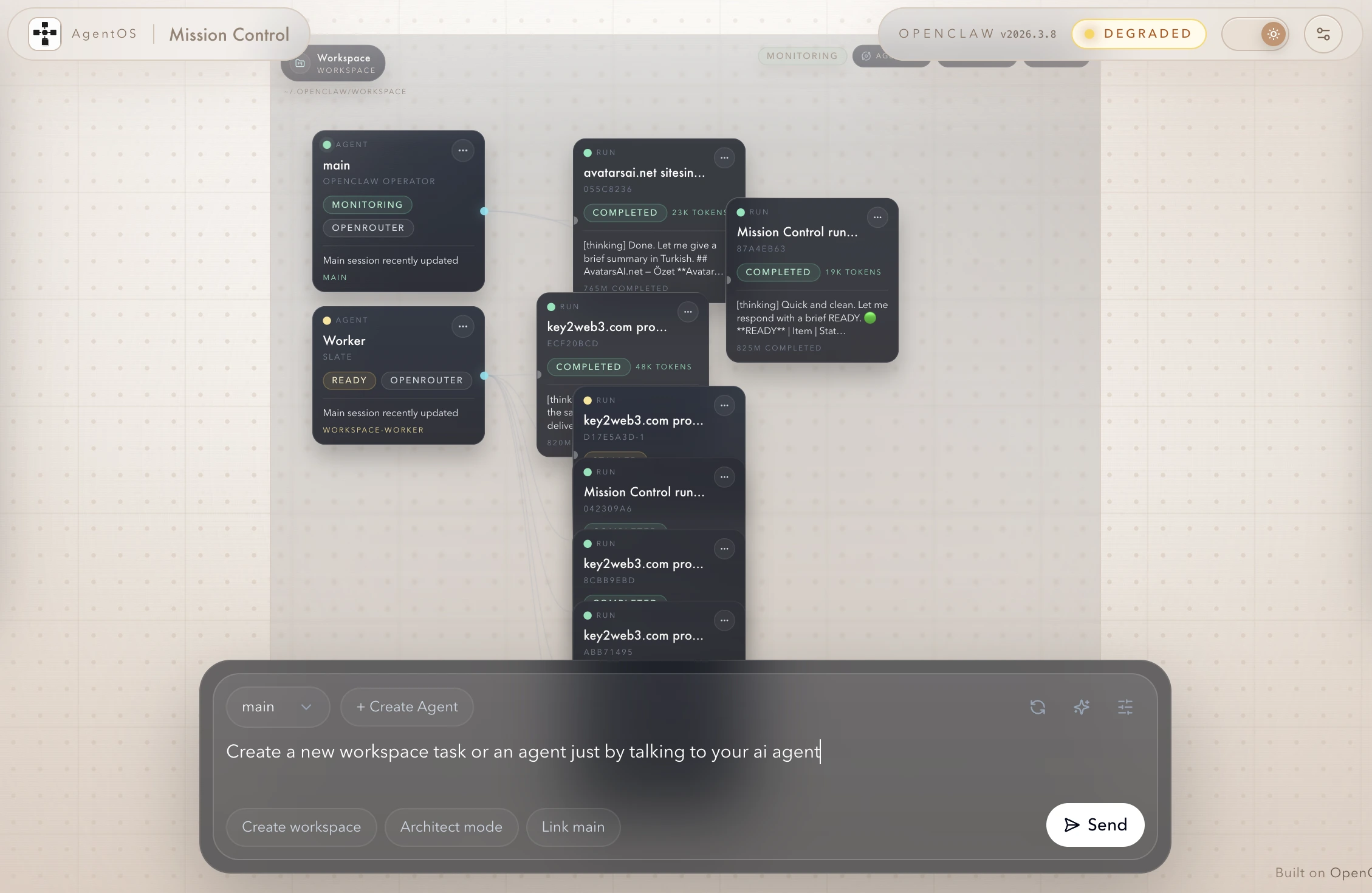 AI architect flow for creating workspaces, tasks, and agents