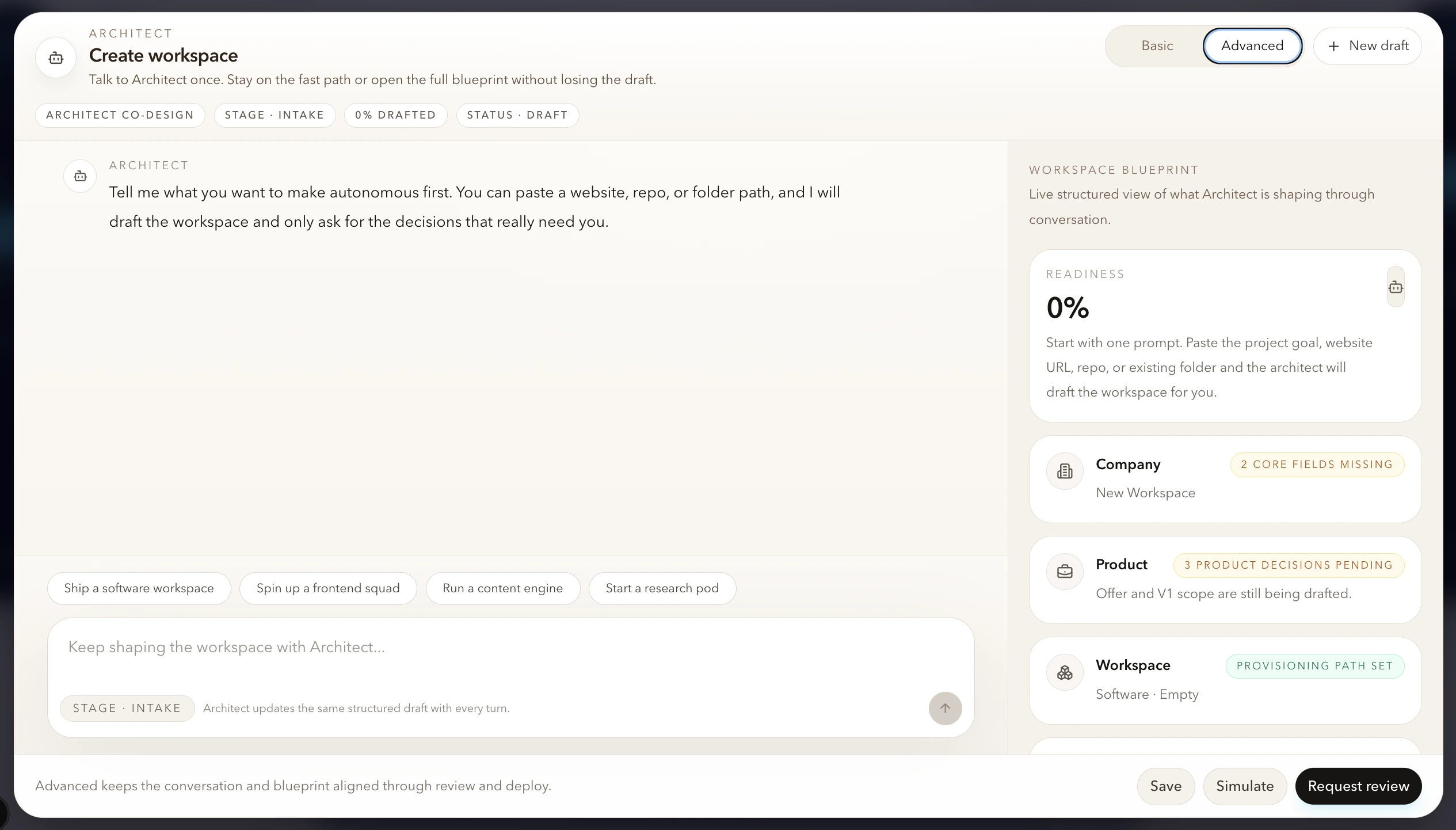 Workspace wizard for project context and agent setup