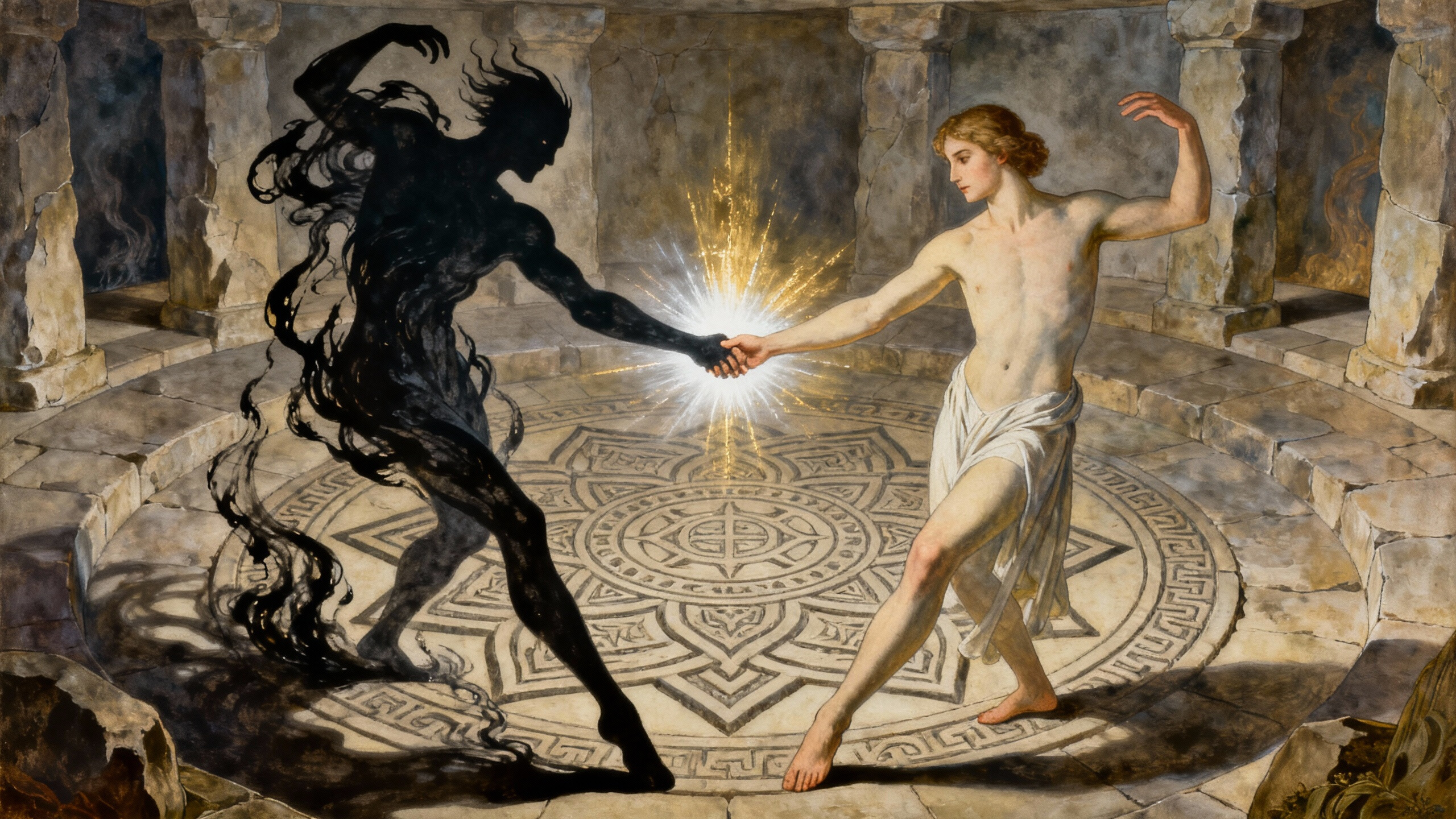 A shadow figure and a light figure clasp hands in a ruined circular hall, with light opening between them.
