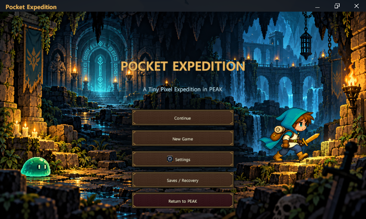 Pocket Expedition lobby with Continue, New Game, Settings, Saves / Recovery, and Return to PEAK