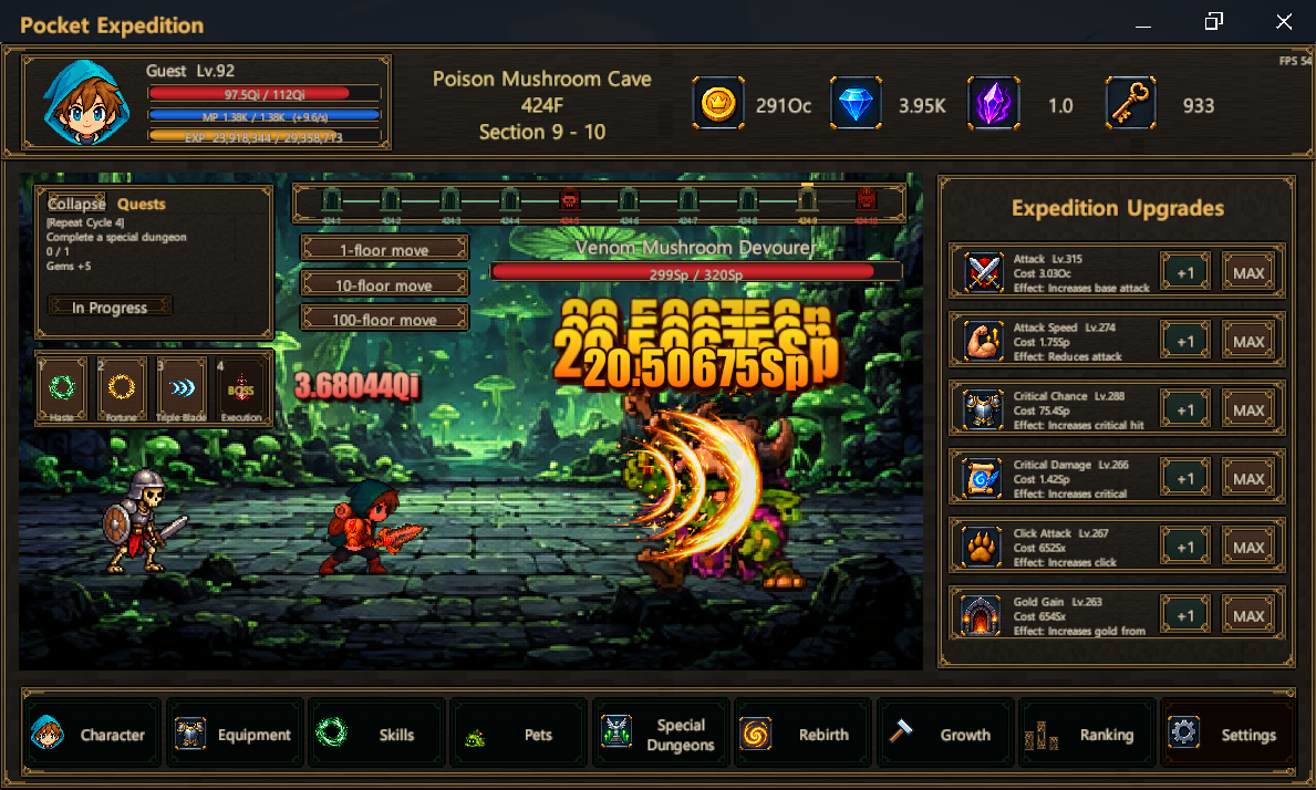 Automatic dungeon combat with skills, quests, resources, and expedition upgrades