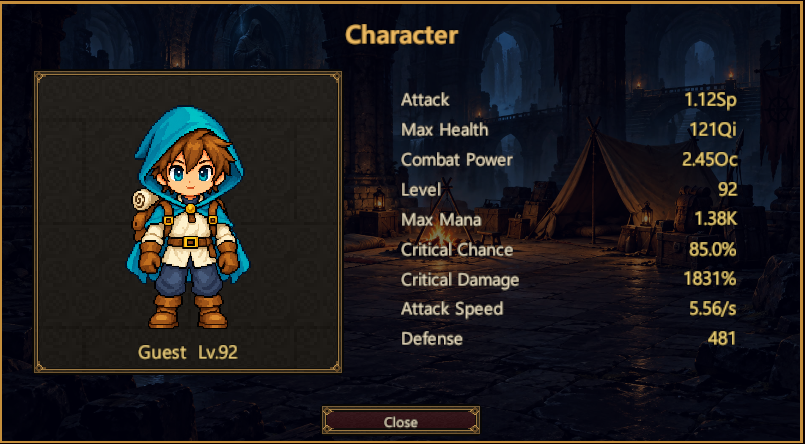 Character portrait and detailed combat statistics