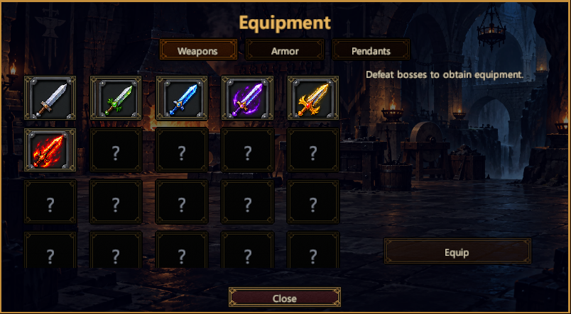 Equipment collection with Weapons, Armor, and Pendants categories