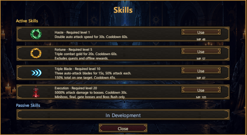 Active skill descriptions, mana costs, and the passive skills development panel