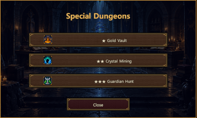 Special dungeon selection for Gold Vault, Crystal Mining, and Guardian Hunt