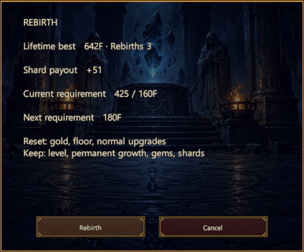 Rebirth summary with shard payout, current and next requirements, and reset information