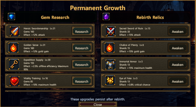 Permanent Growth showing Gem Research and Rebirth Relics