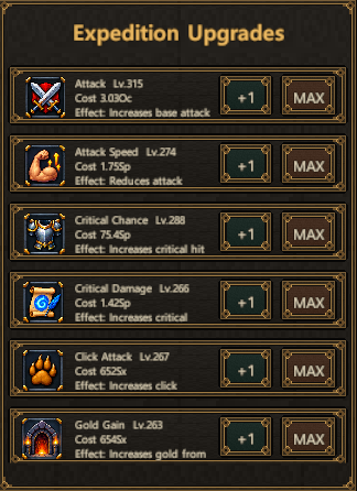 Expedition upgrade panel with individual and maximum purchase buttons